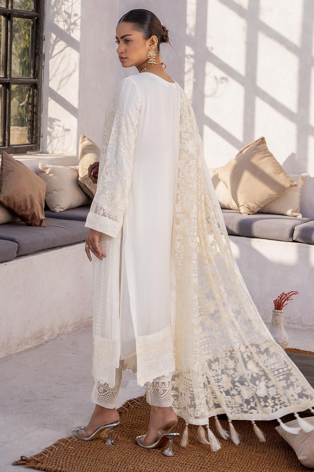 White Sequinned Raw Silk Chiffon 3 Piece Suit