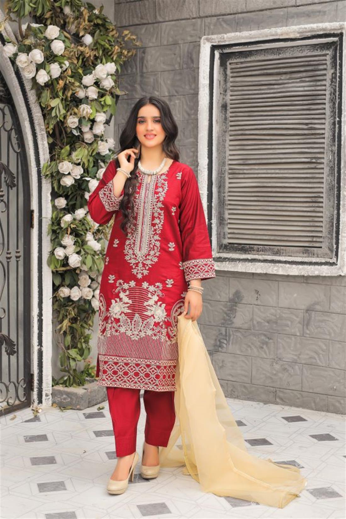 Maroon Organza Ladies 3 Piece Suit