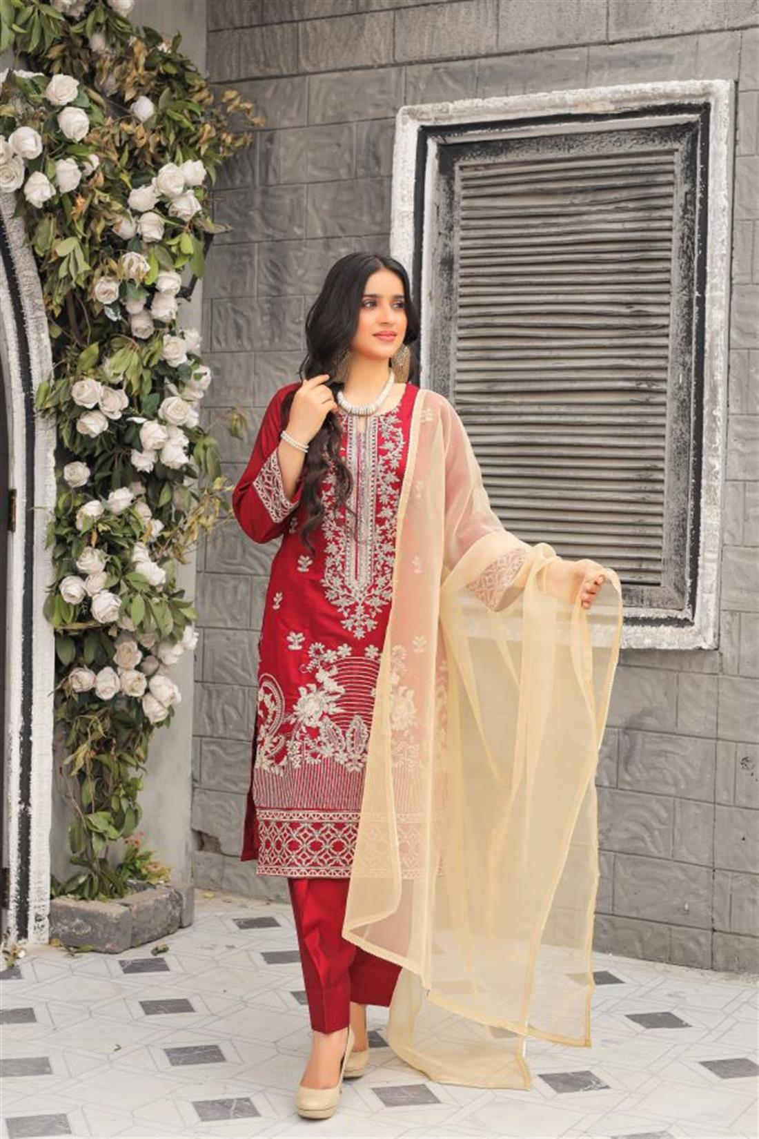 Maroon Organza Ladies 3 Piece Suit