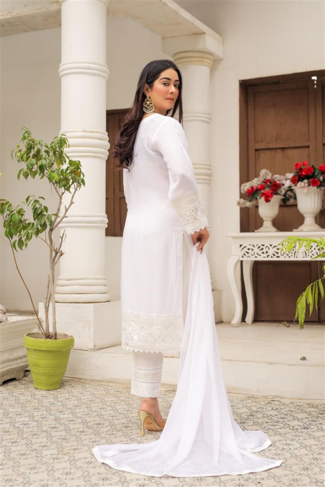 White Sequinned Raw Silk Chiffon 3 Piece Suit