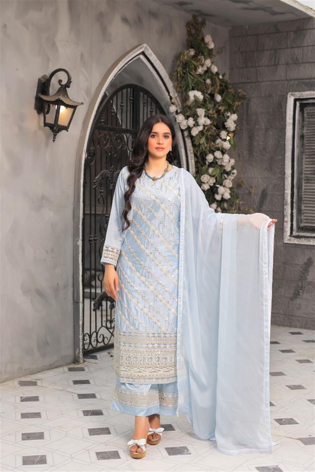 Powder Blue Sequinned Raw Silk 3 Piece Suit