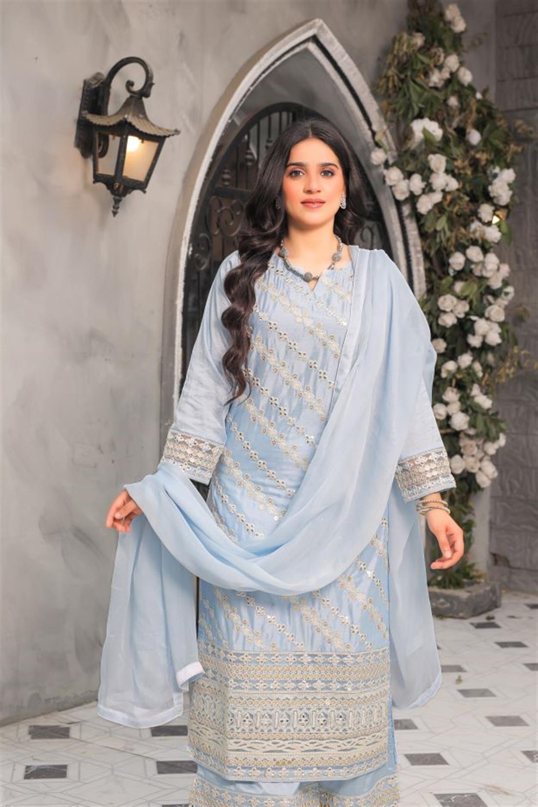 Powder Blue Sequinned Raw Silk 3 Piece Suit