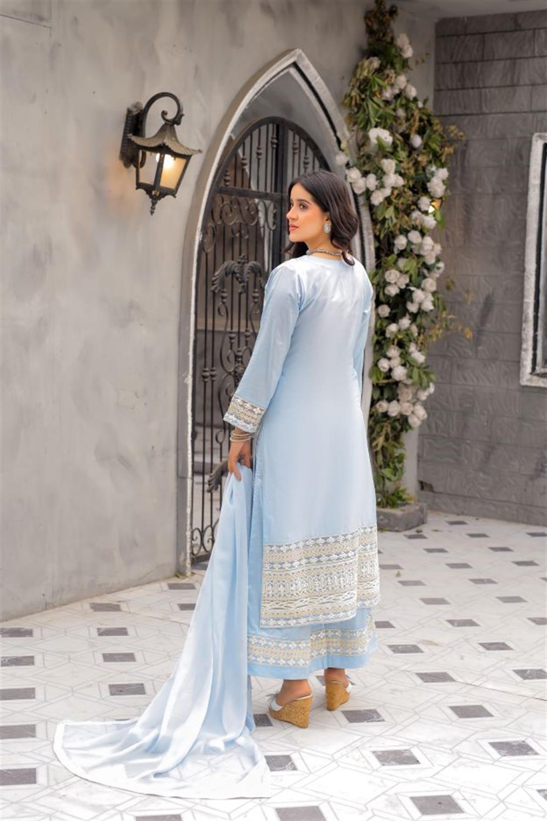 Powder Blue Sequinned Raw Silk 3 Piece Suit