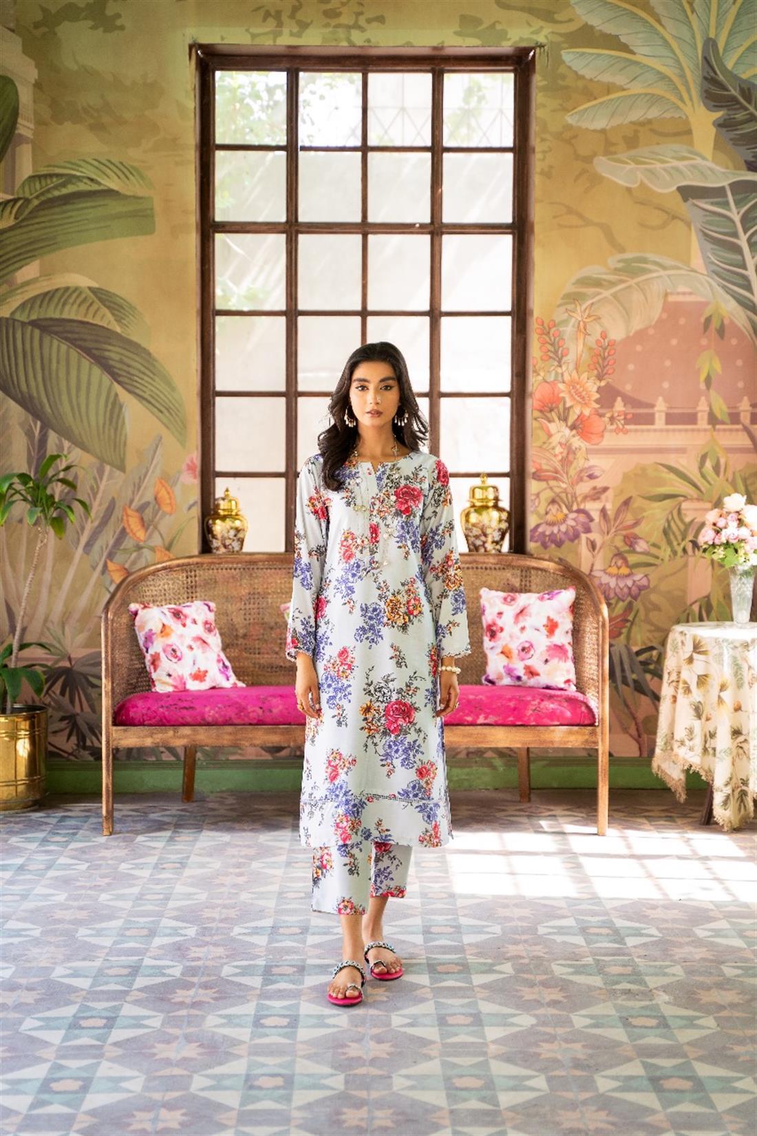 Grey Blue Embroidered Linen Ladies 2 Piece Suit