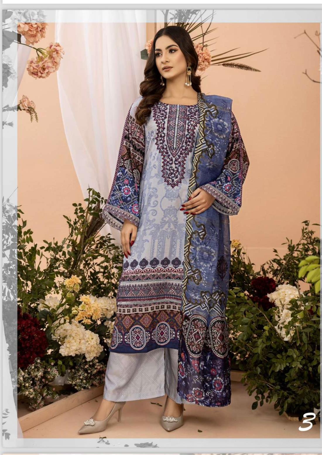 Blue Embroidered Chiffon Ladies 3 Piece Suit