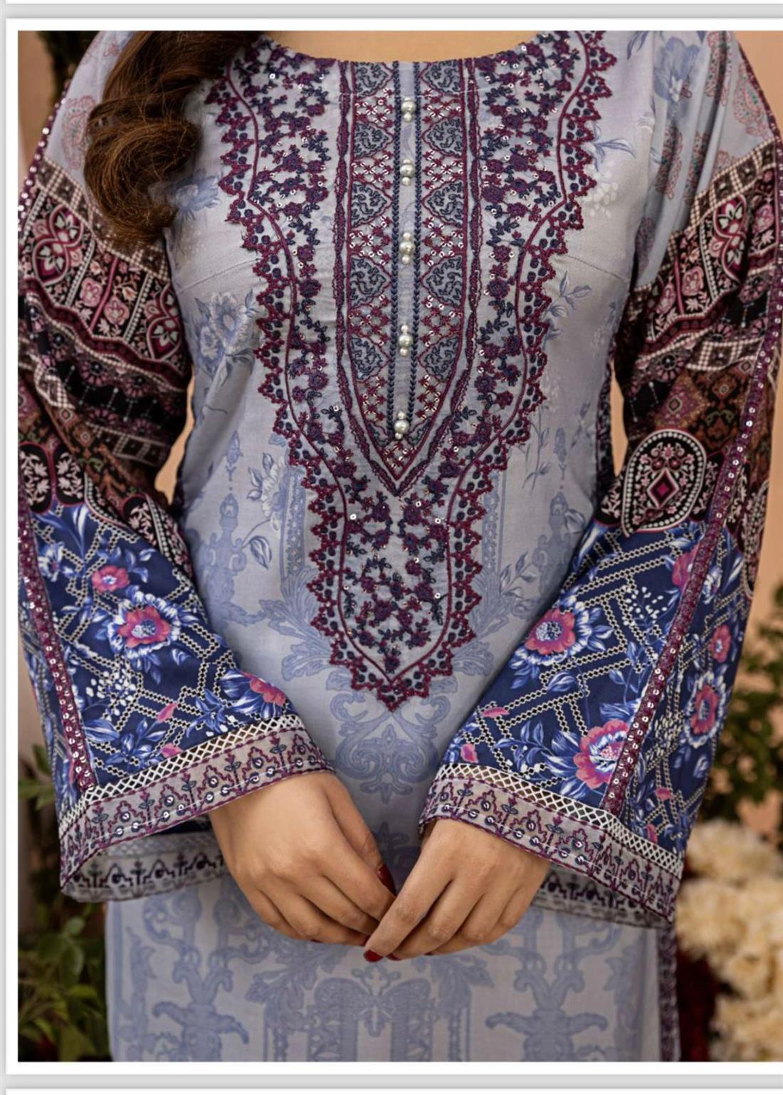 Blue Embroidered Chiffon Ladies 3 Piece Suit