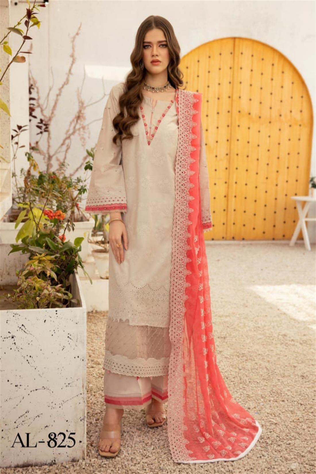 Ivory & Pink Embroidered Chiffon Palazzo Chikan Kari 3 Piece Suit