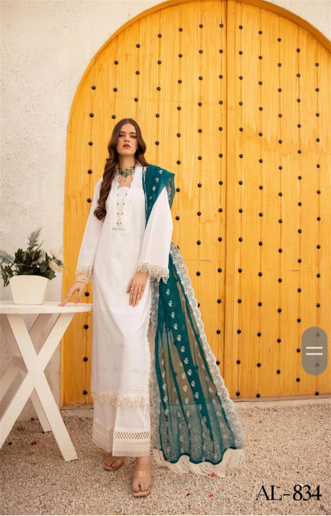 White & Green Embroidered Chiffon Palazzo Chikan Kari Cotton Lawn Suit