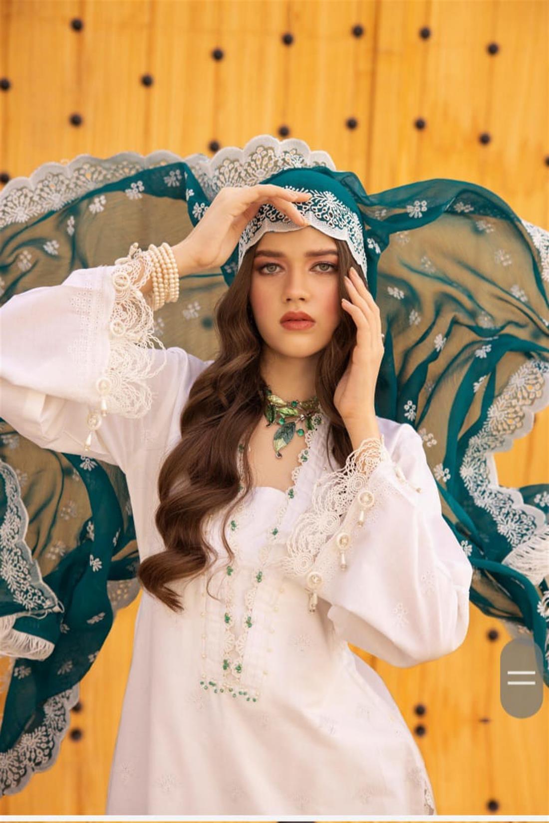 White & Green Embroidered Chiffon Palazzo Chikan Kari Cotton Lawn Suit