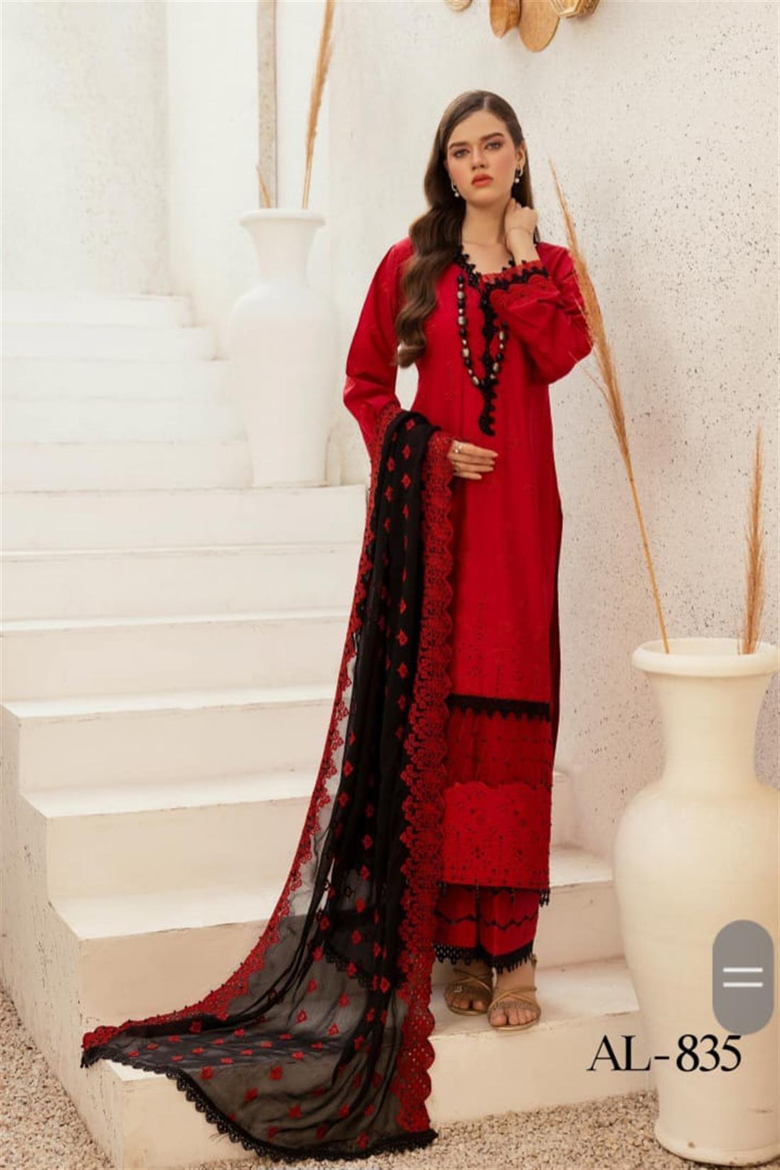 RED & Black Embroidered Chiffon Palazzo 3 Piece Suits