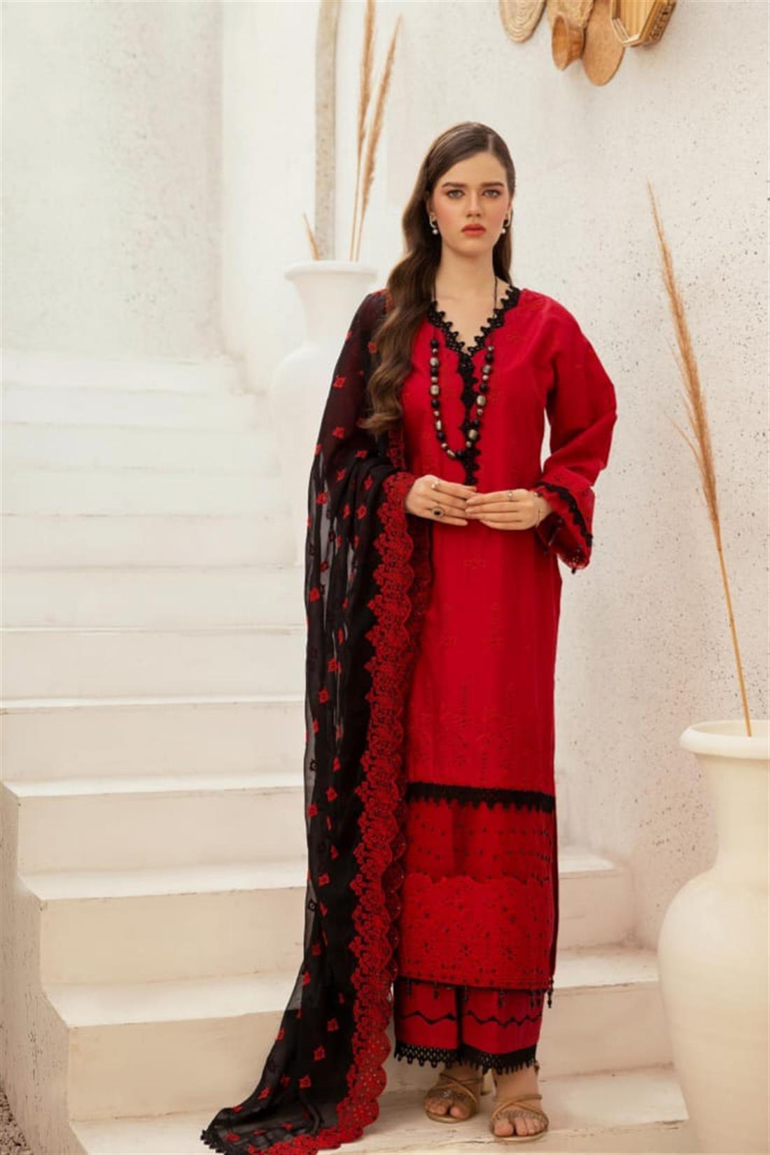 RED & Black Embroidered Chiffon Palazzo 3 Piece Suits