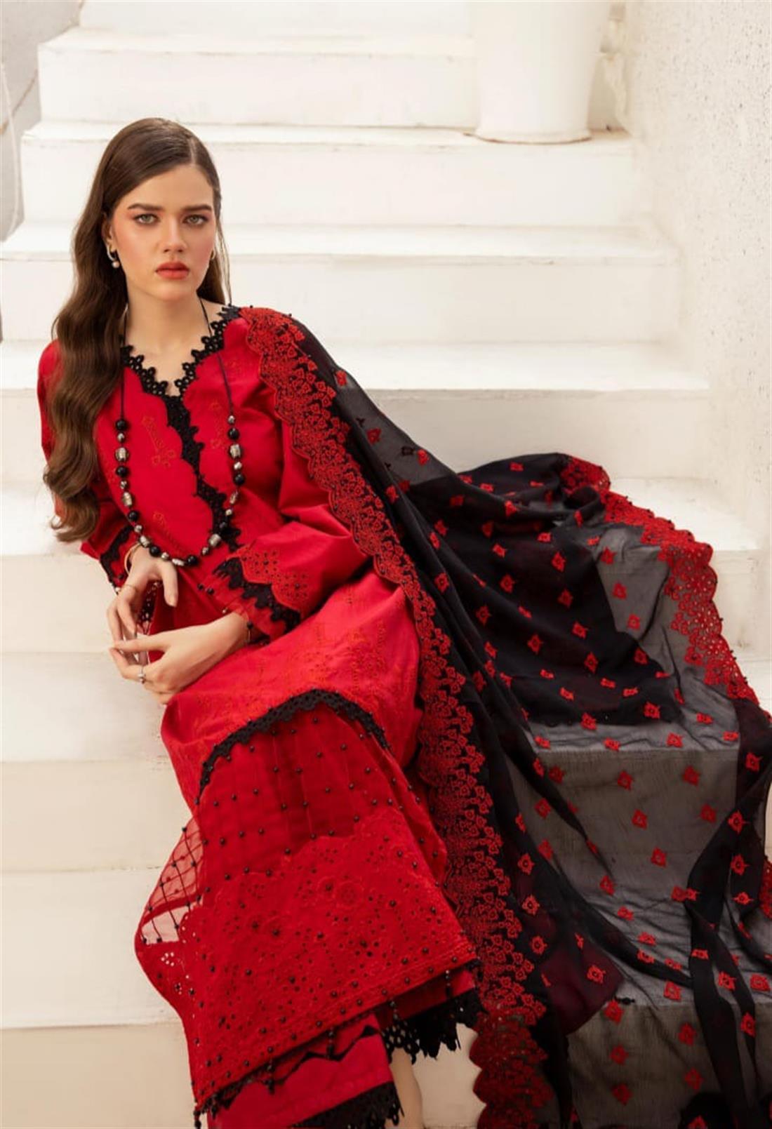RED & Black Embroidered Chiffon Palazzo 3 Piece Suits