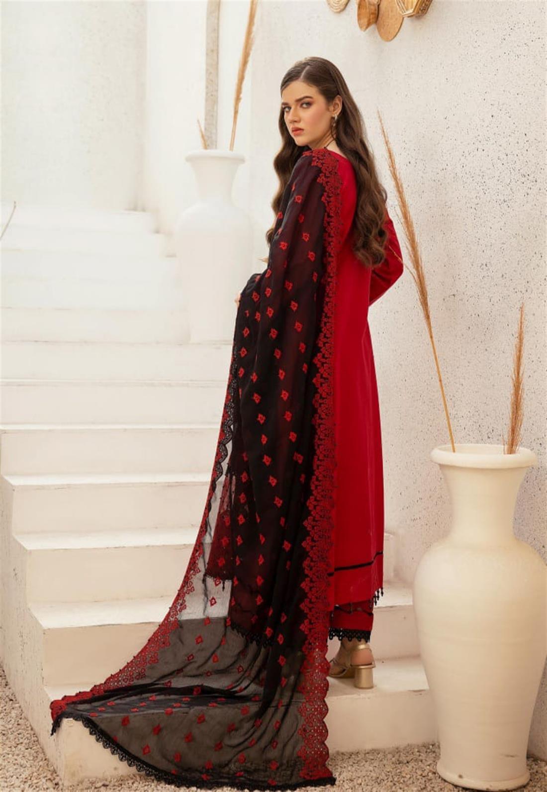 RED & Black Embroidered Chiffon Palazzo 3 Piece Suits
