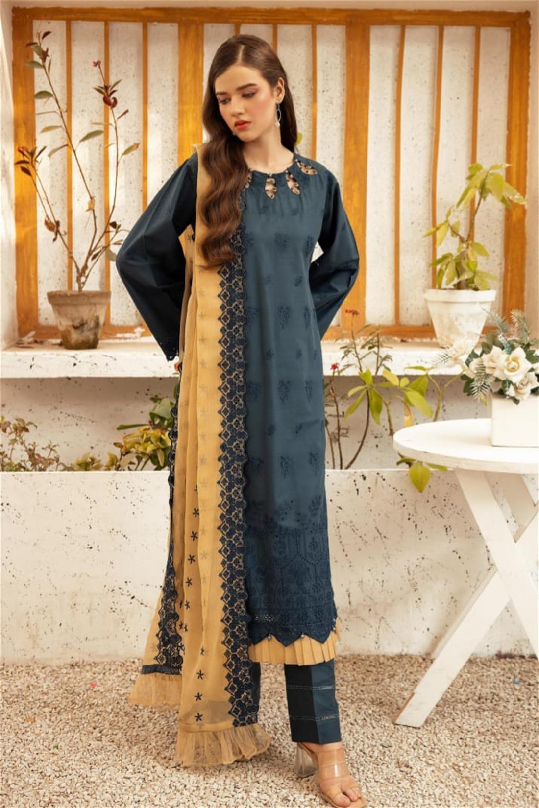 Teal & Beige Embroidered Chiffon 3 Piece Cotton Lawn Suit