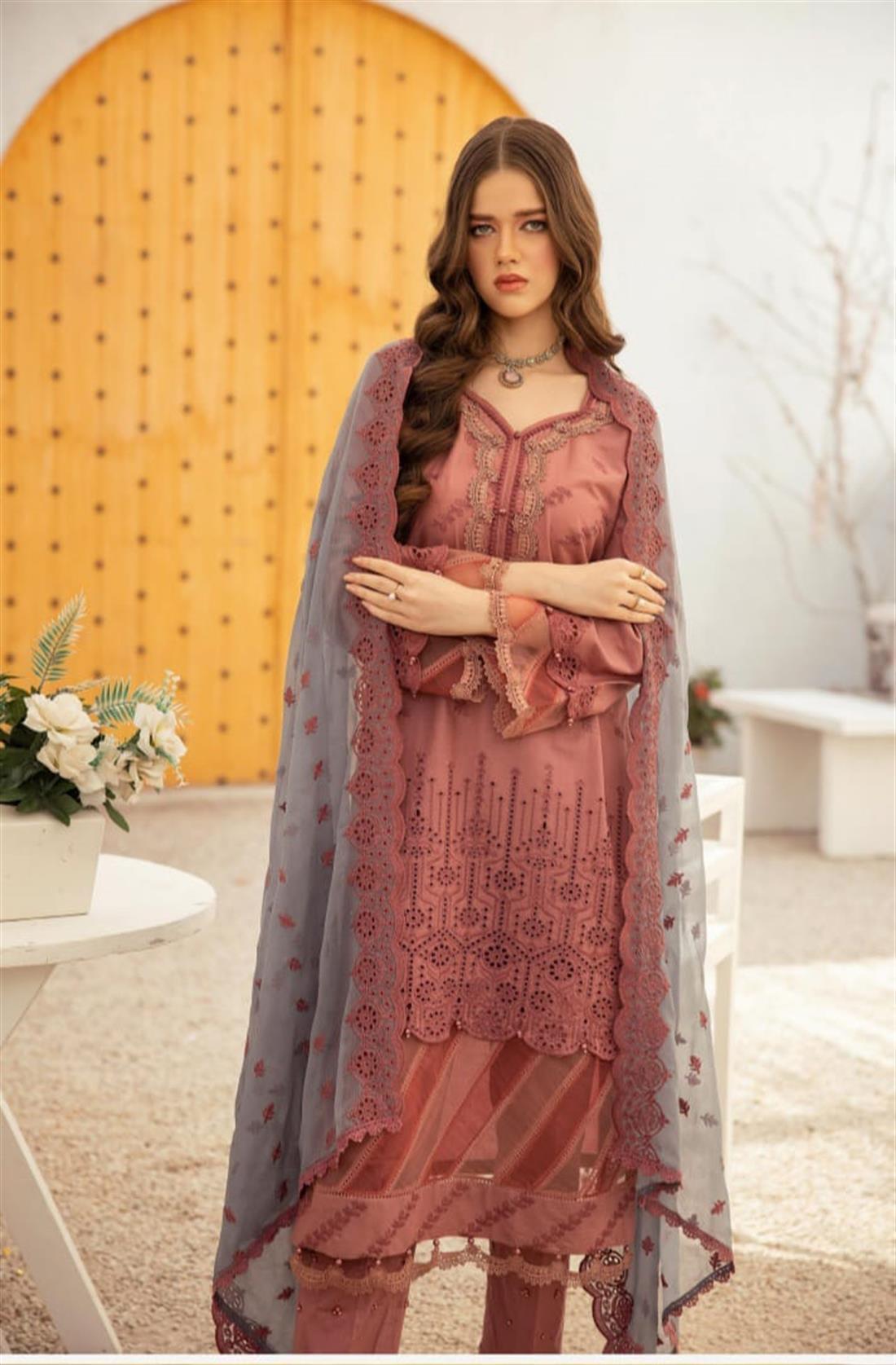 Dusty Pink & Grey Embroidered Chiffon 3 Piece Cotton Lawn Suit