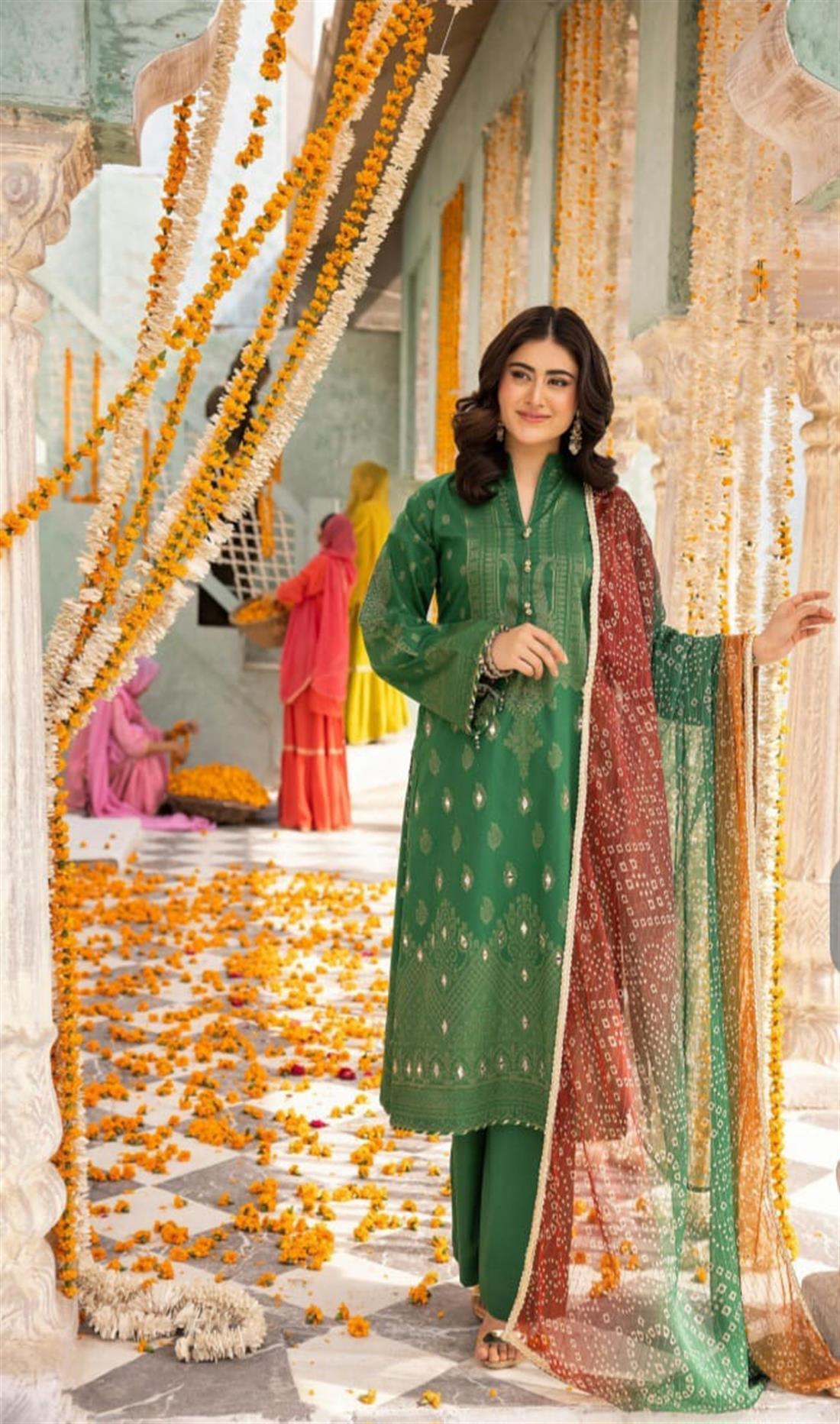 Bottle Green Embroidered Chiffon 3 Piece Cotton Lawn Suit