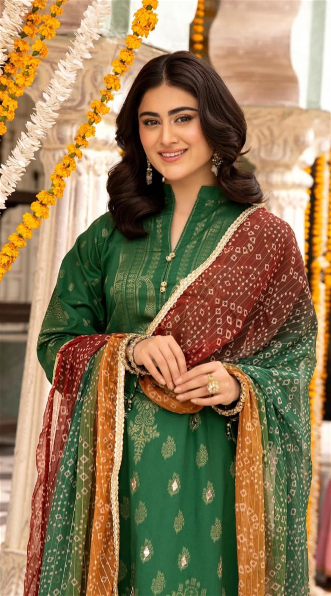 Bottle Green Embroidered Chiffon 3 Piece Cotton Lawn Suit