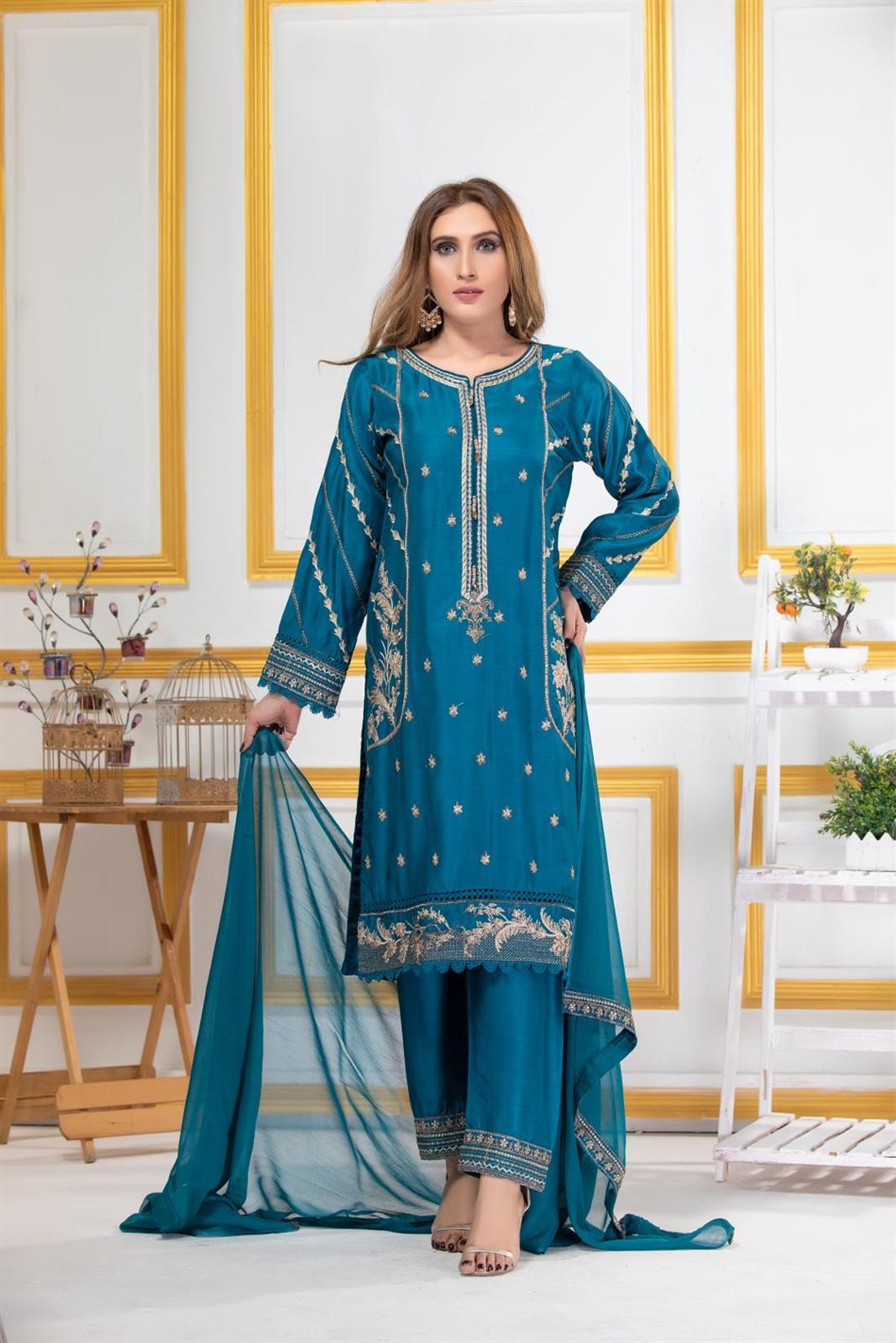 Teal Blue Georgette Embroidered Viscose Suit with Thread Work