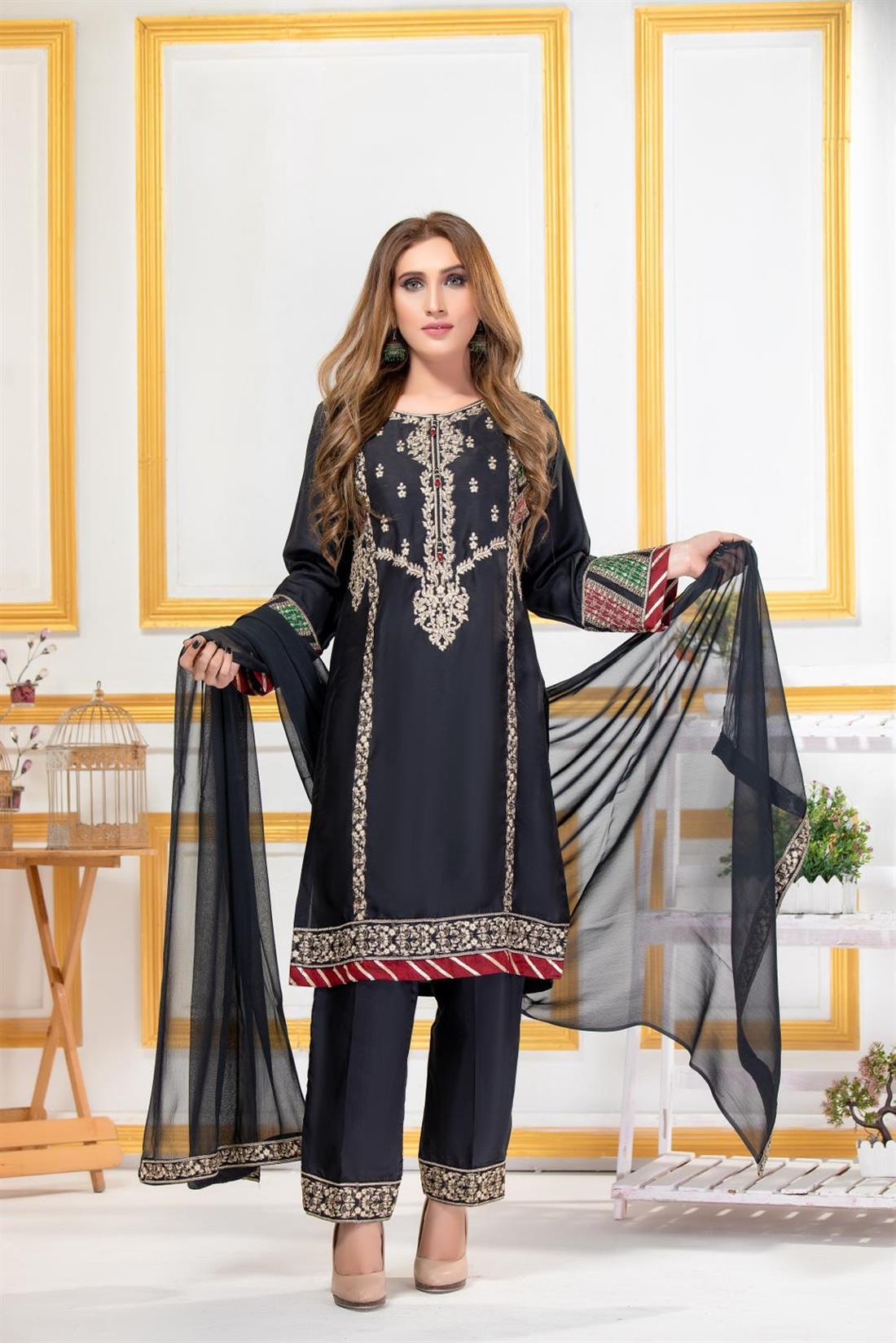 Black Embroidered Raw Silk 3 Piece Suit