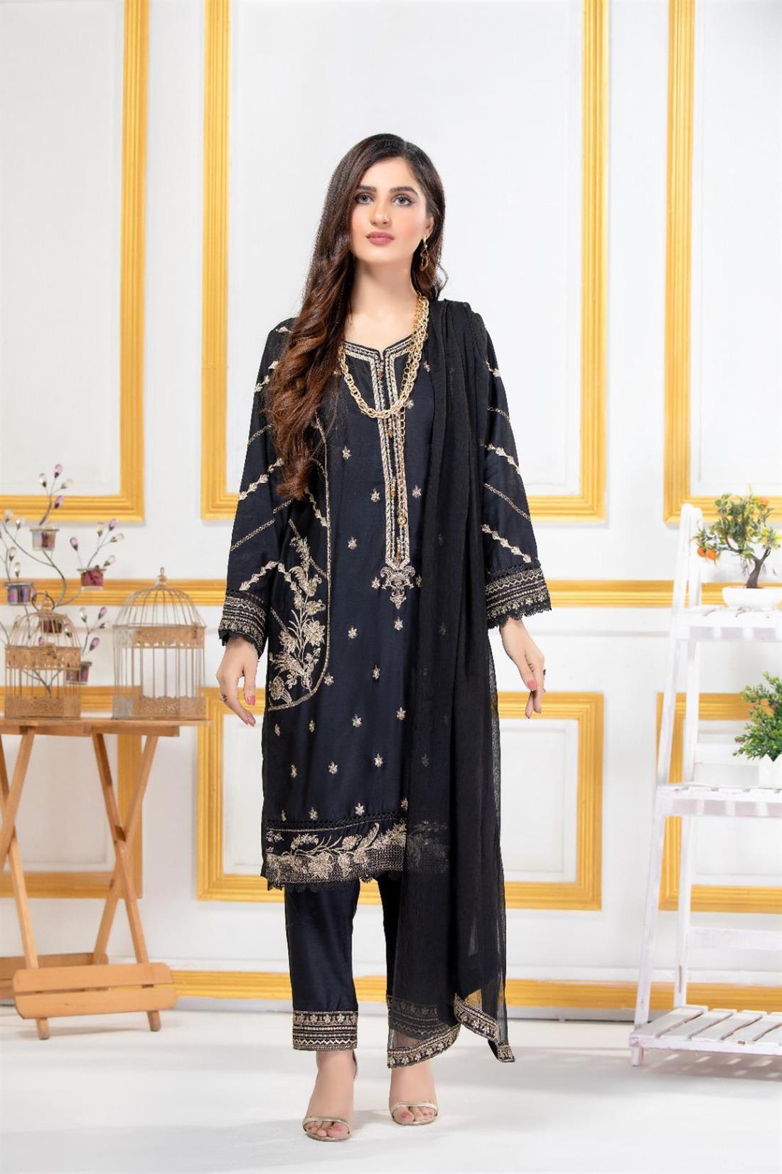Black Embroidered Georgette Stitched 3 Piece Viscose Suit