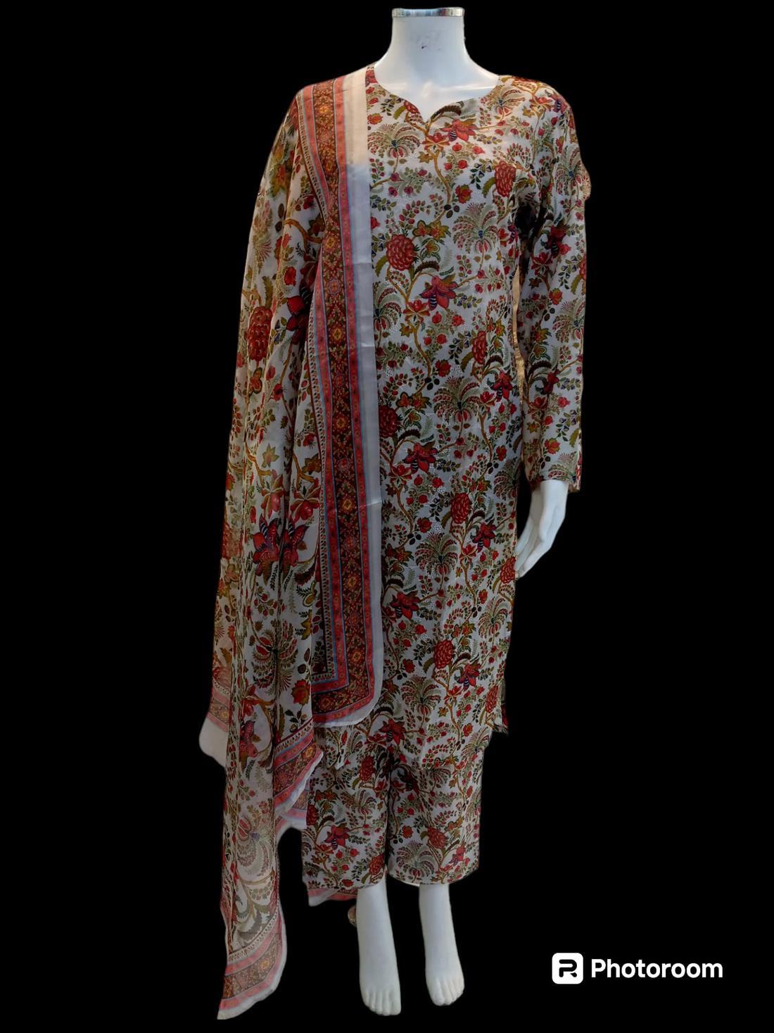 Cream & Multicolour Digital Print Silk Cotton 3 Piee Suit