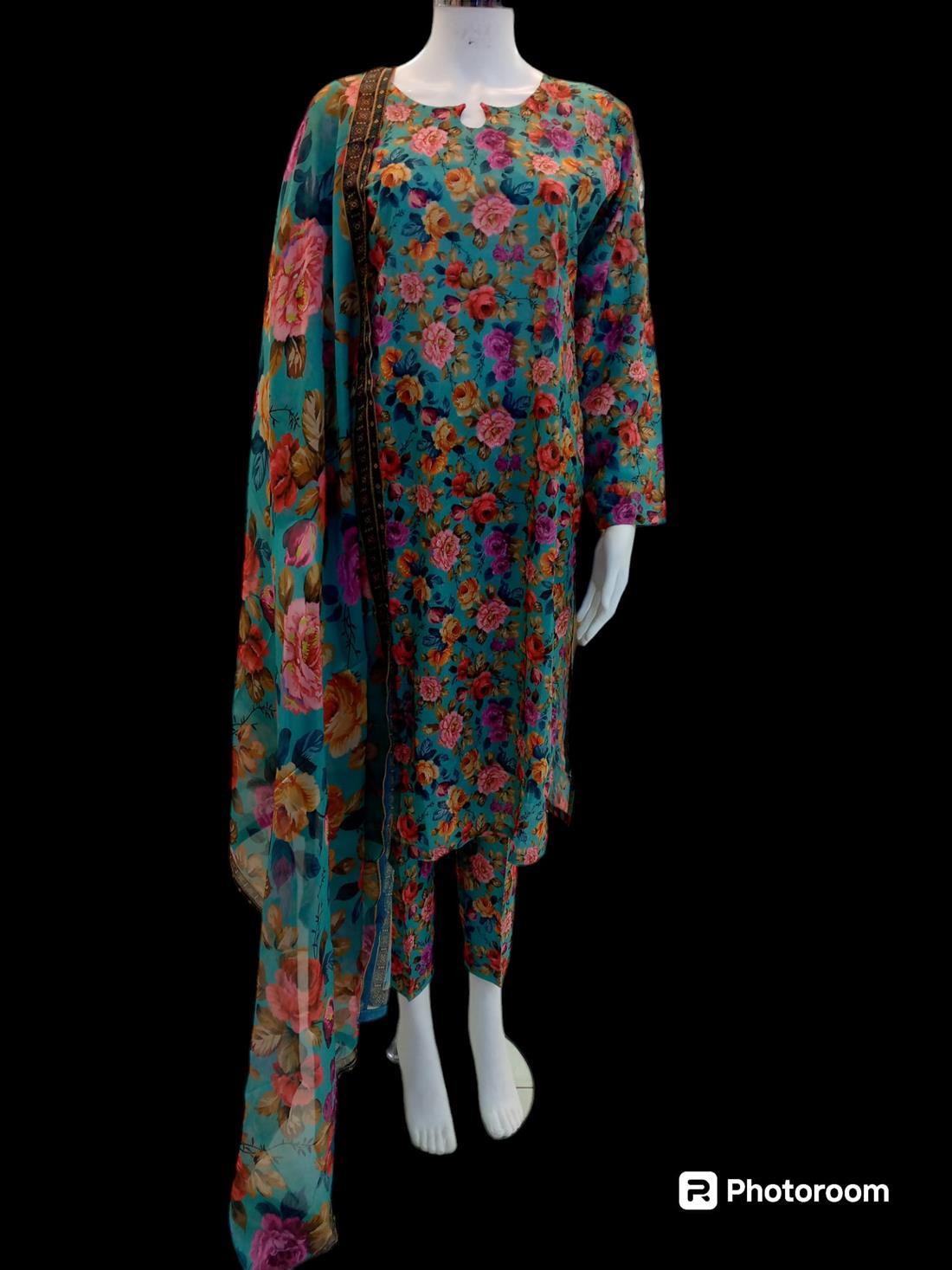 Turquoise Multicolour Digital Print Silk Cotton 3 Piece Suit