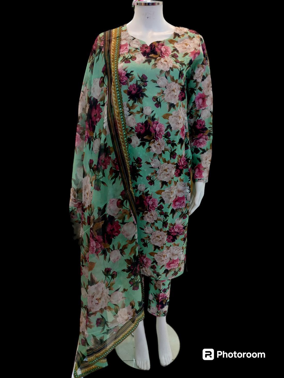 Mint & Multicolour Digital Print Silk 3 Piece Cotton Suit
