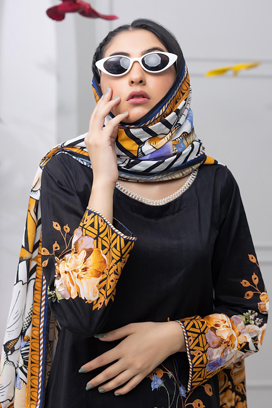 Black Multicolour Lawn Digital Printed 3-piece Cotton Suit