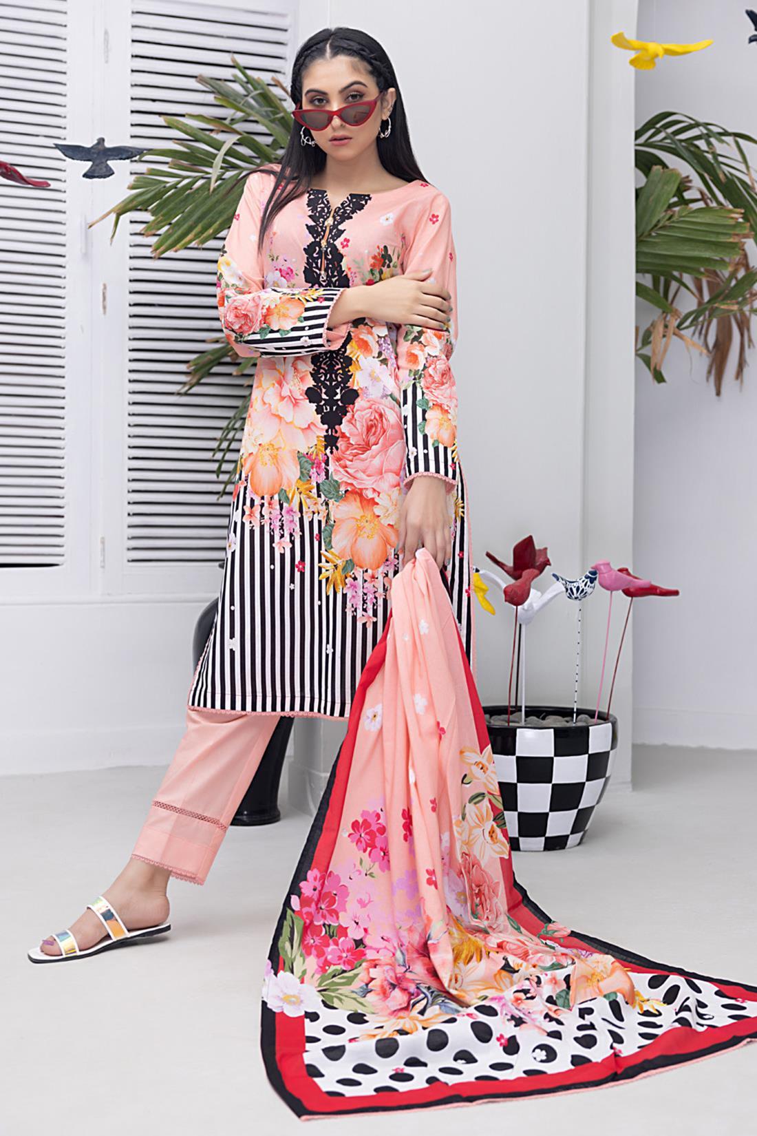 Pink & Multicolour Lawn Digital Printed 3-piece Cotton Suit