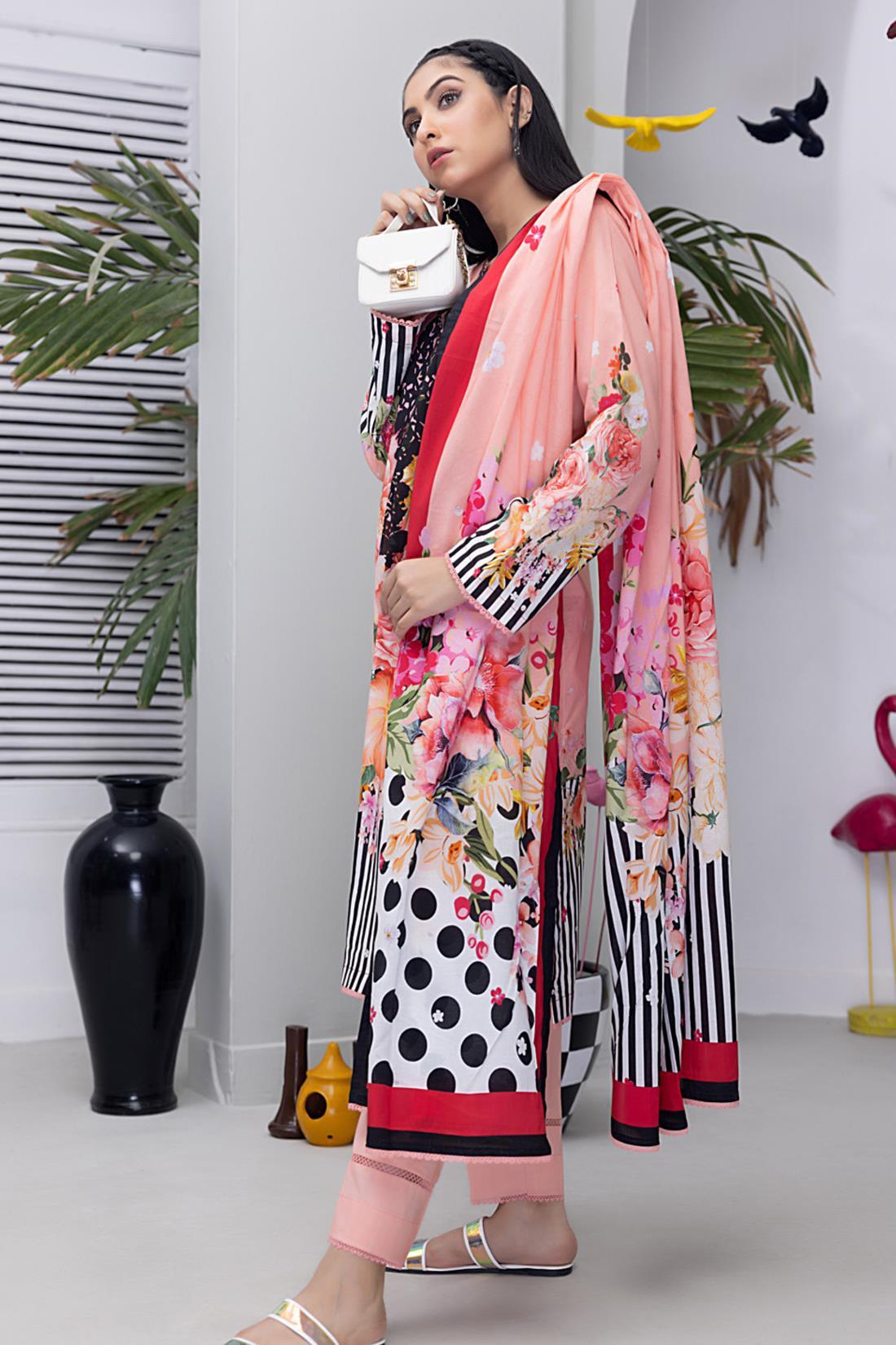Pink & Multicolour Lawn Digital Printed 3-piece Cotton Suit