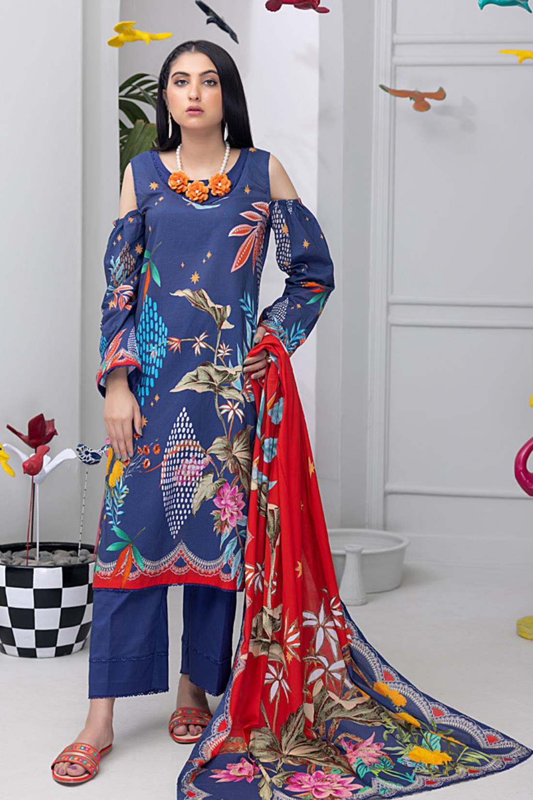 Purple & Multicolour Lawn Digital Printed 3-piece Cotton Suit