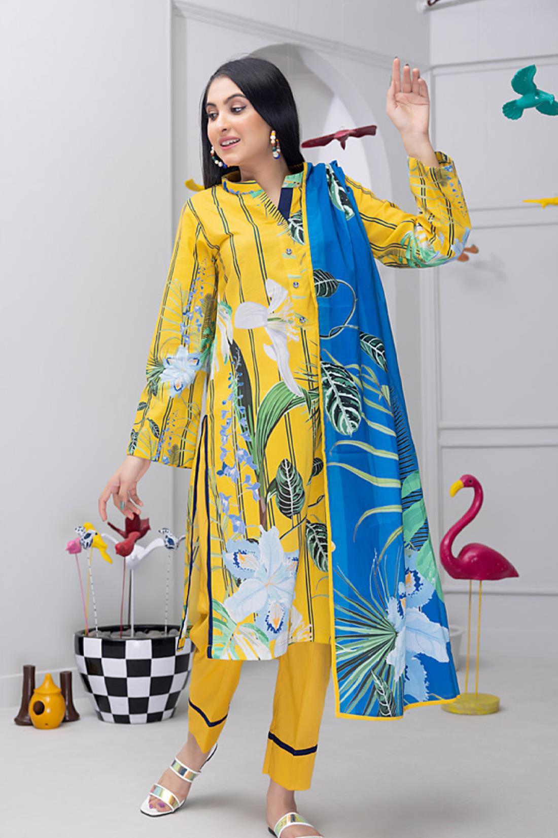 Yellow & Blue Lawn Digital Printed 3-piece Cotton Suit