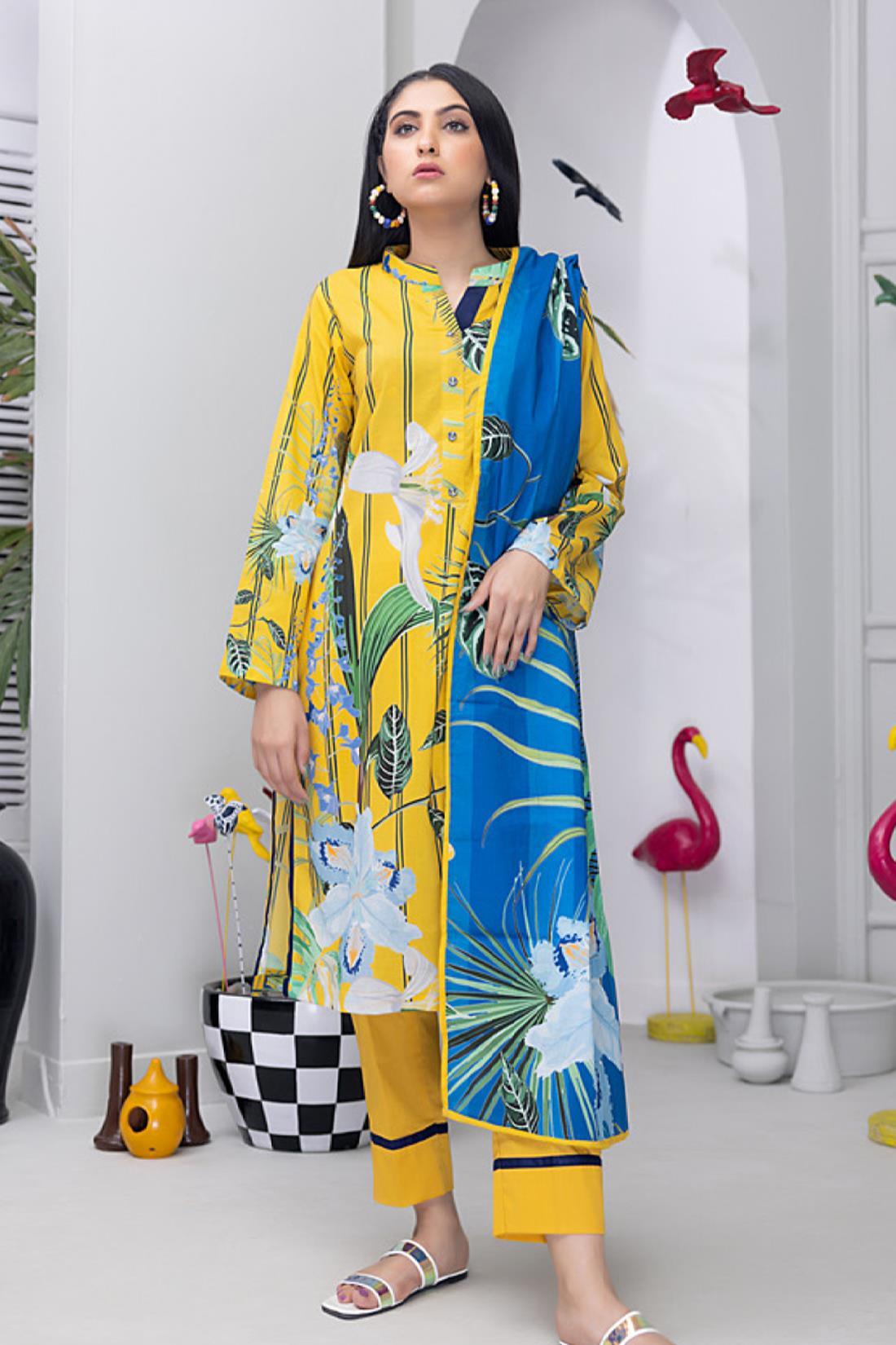 Yellow & Blue Lawn Digital Printed 3-piece Cotton Suit