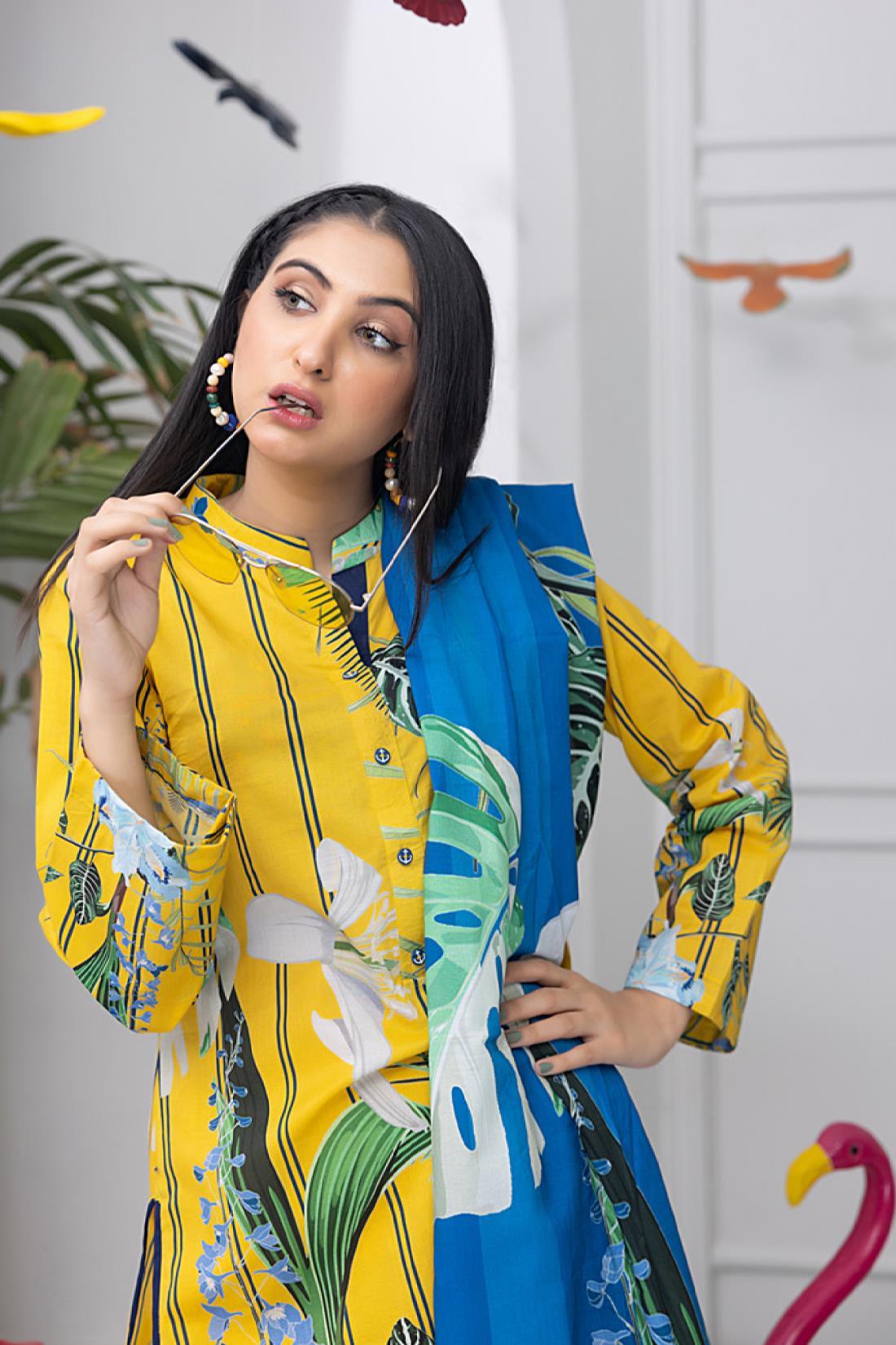 Yellow & Blue Lawn Digital Printed 3-piece Cotton Suit