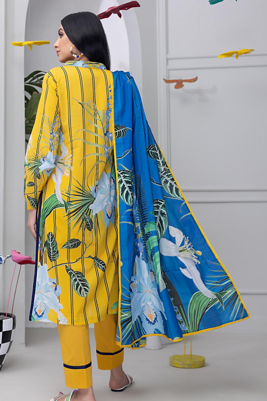 Yellow & Blue Lawn Digital Printed 3-piece Cotton Suit
