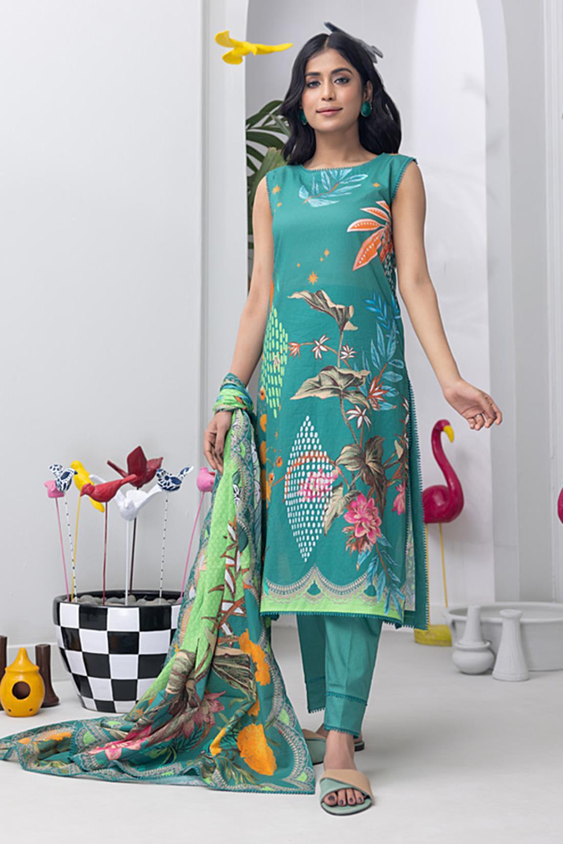 Green Multicolour Digital Print Lawn 3 Piece Suit
