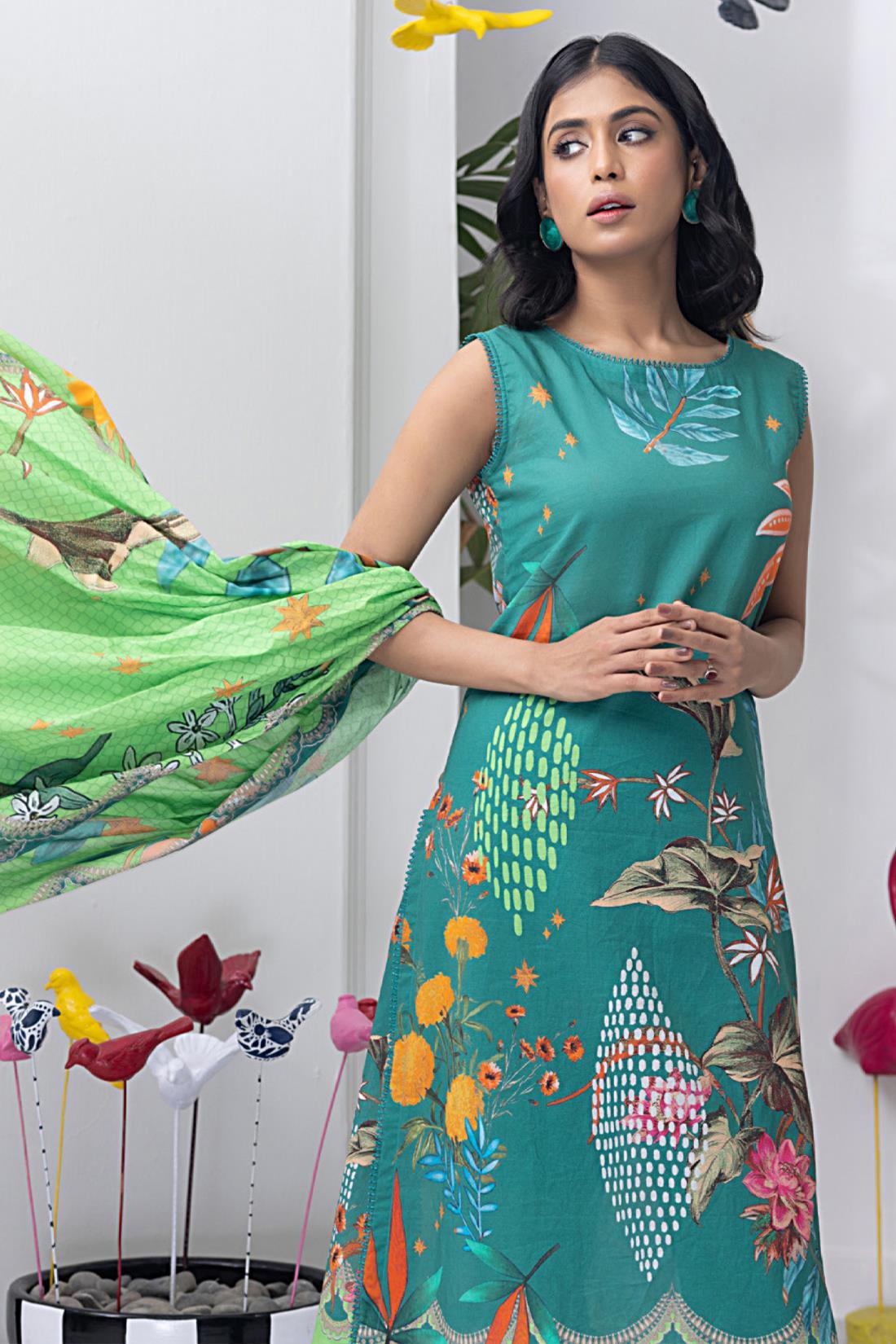 Green Multicolour Digital Print Lawn 3 Piece Suit