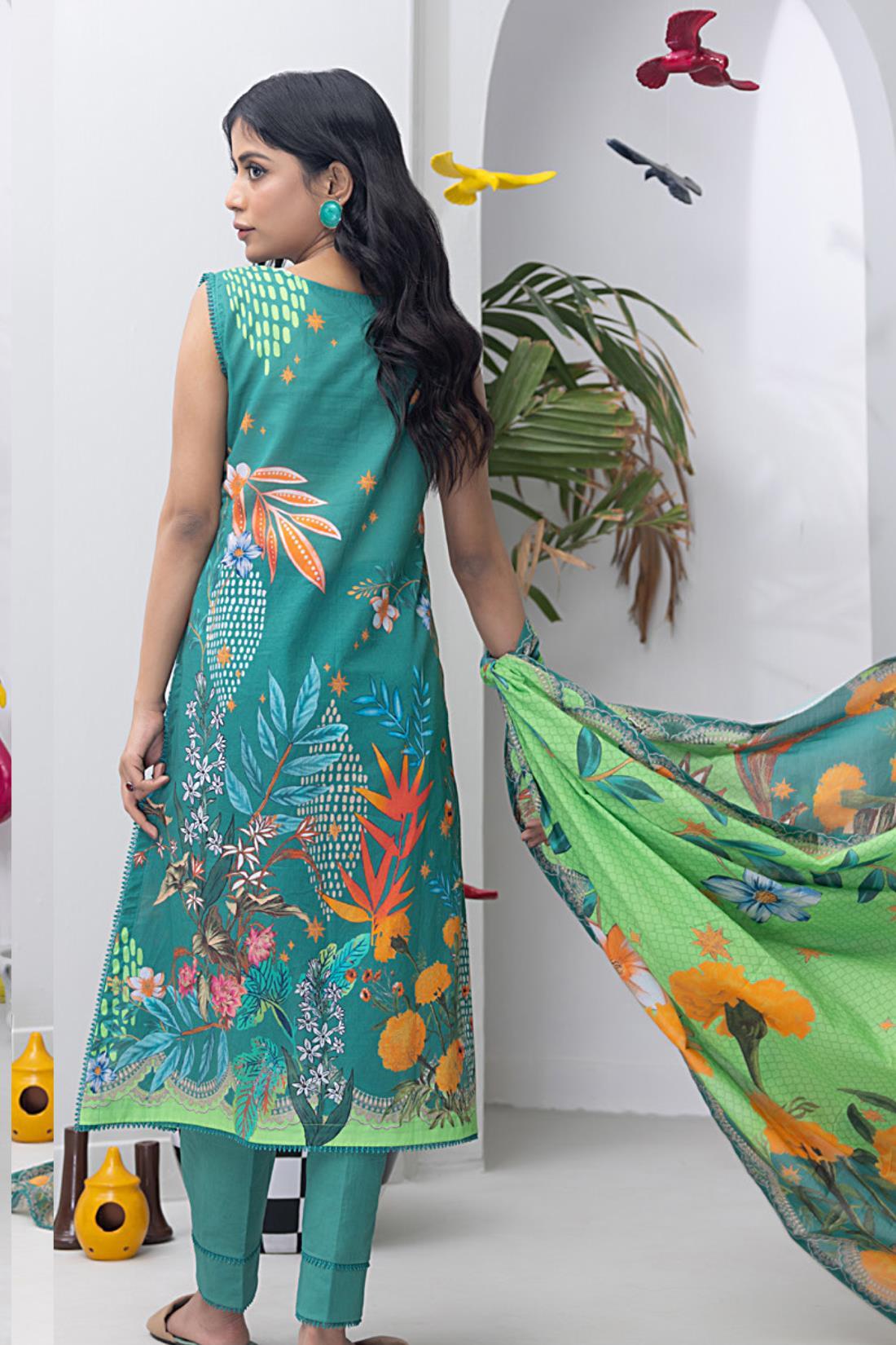 Green Multicolour Digital Print Lawn 3 Piece Suit