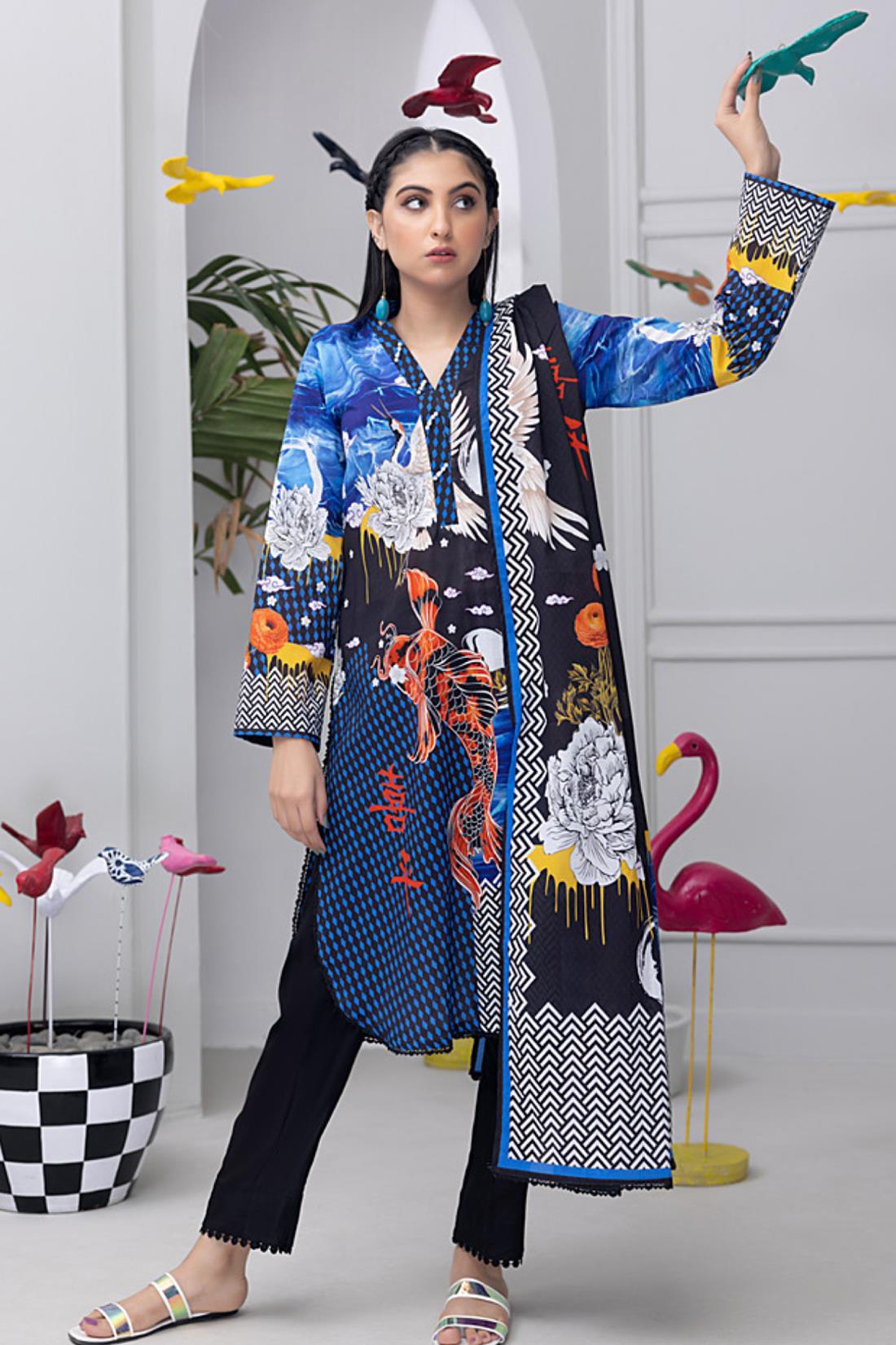 Navy & Multicolour Digital Print Lawn 3 Piece Suit