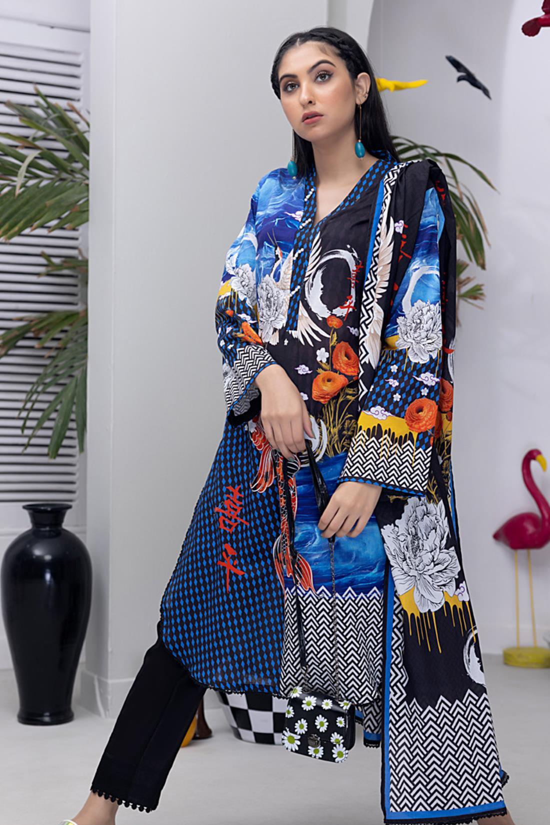Navy & Multicolour Digital Print Lawn 3 Piece Suit