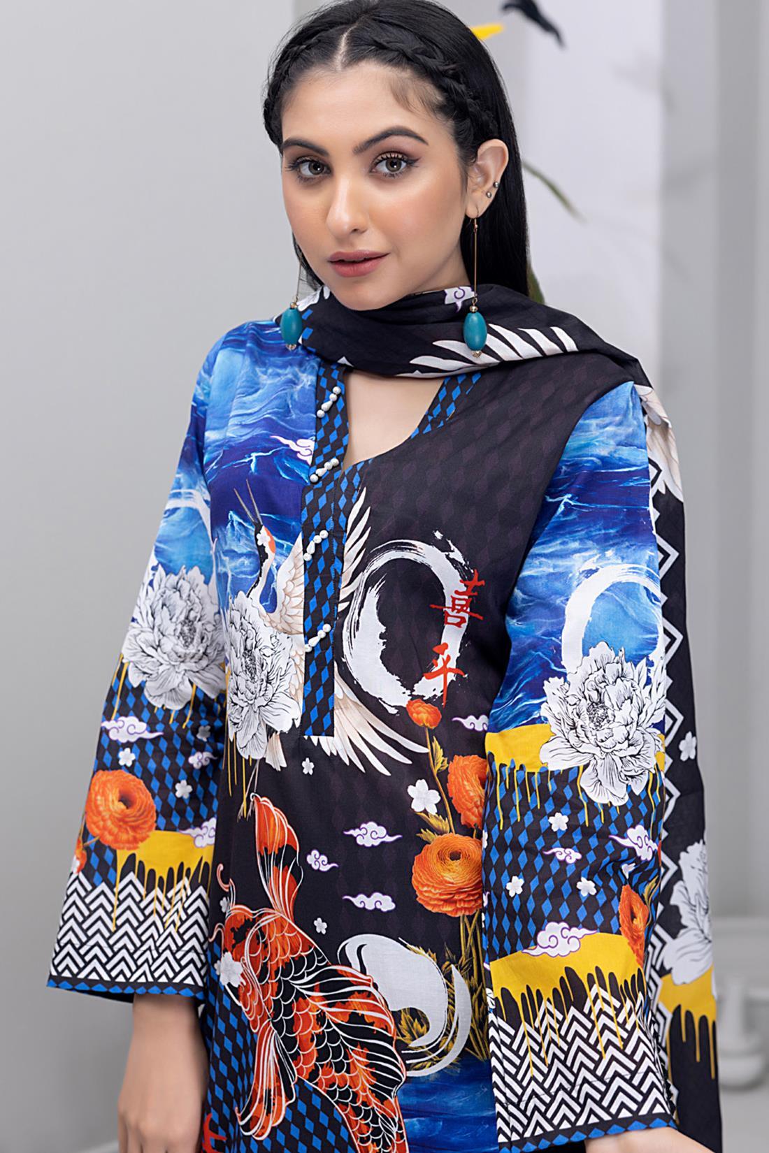 Navy & Multicolour Digital Print Lawn 3 Piece Suit