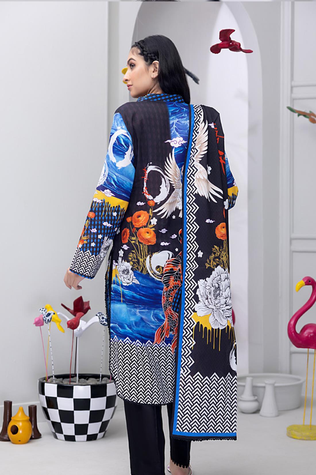 Navy & Multicolour Digital Print Lawn 3 Piece Suit