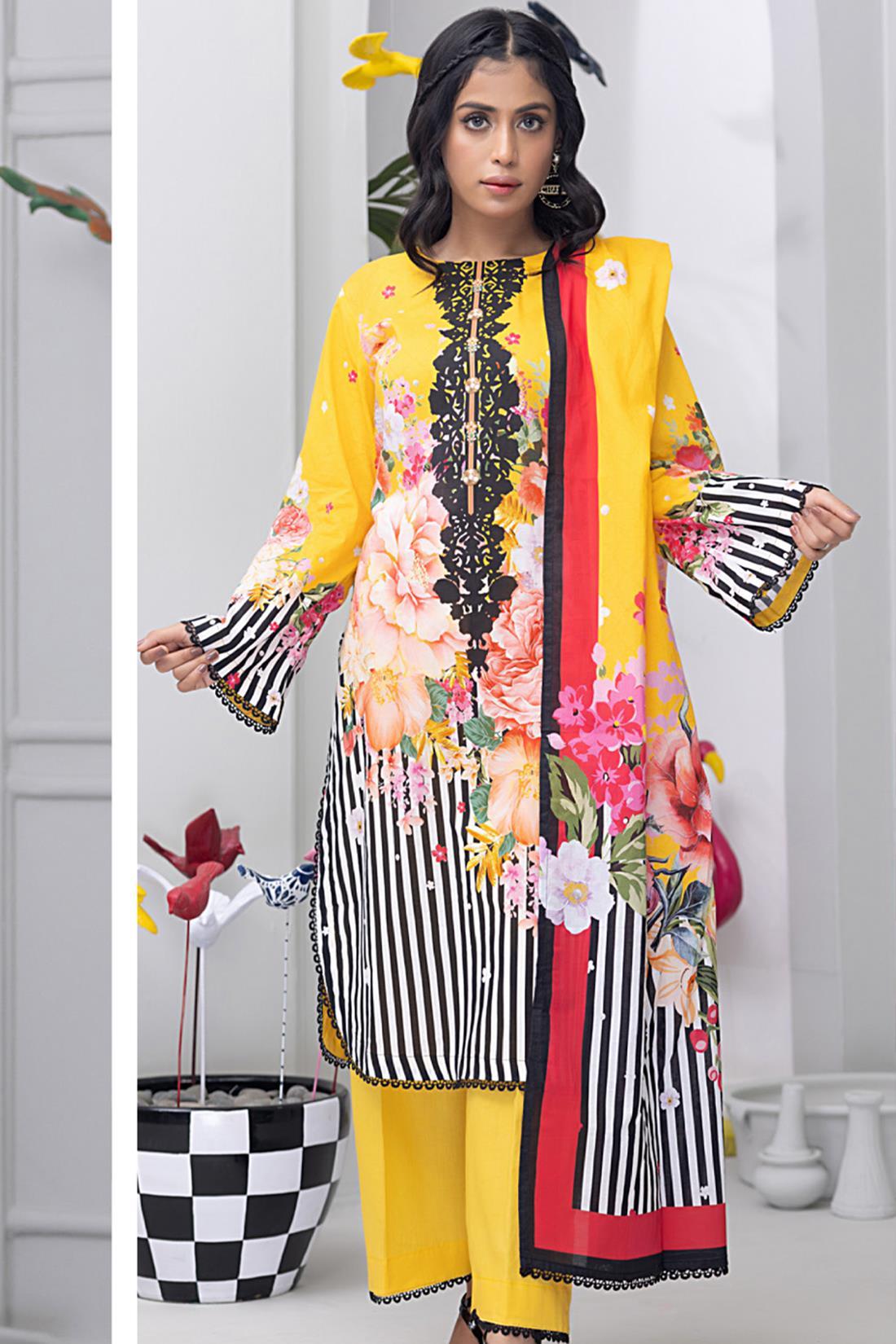 Mustard & Multicolour Lawn Digital Printed 3-piece Cotton Suit
