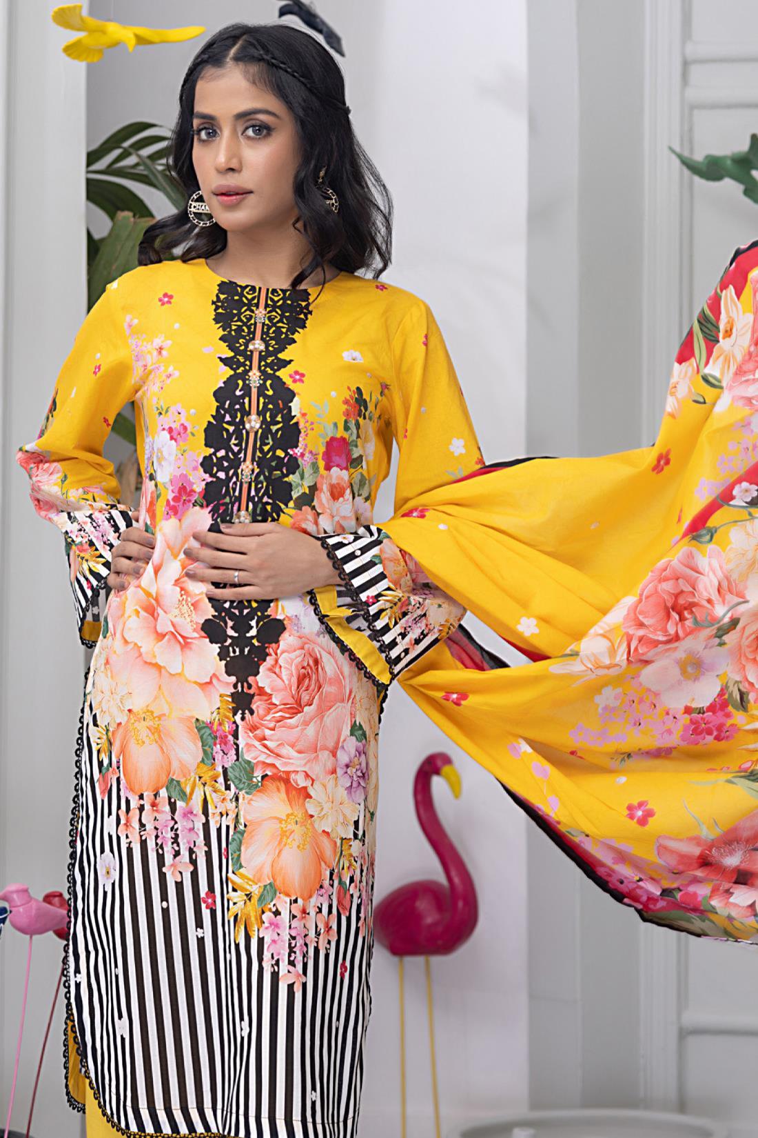 Mustard & Multicolour Lawn Digital Printed 3-piece Cotton Suit