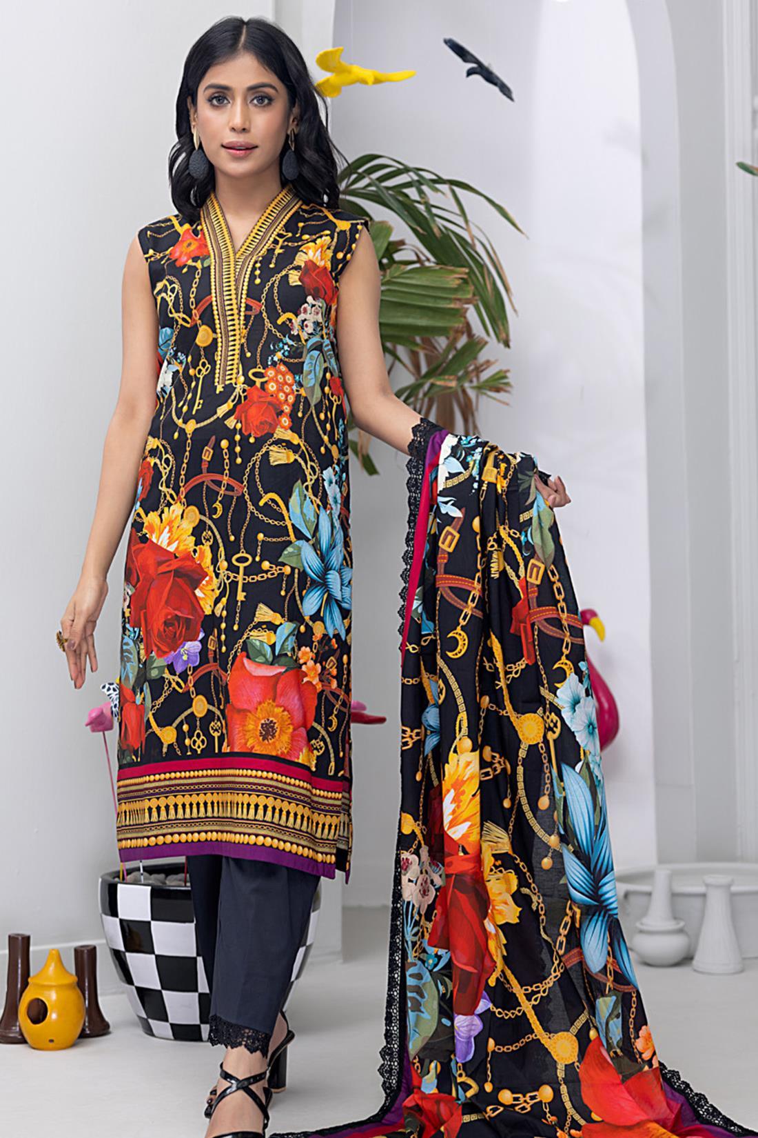 Black & Multicolour Lawn Digital Printed 3-piece Cotton Suit