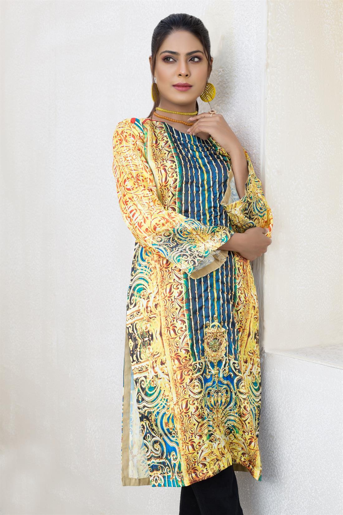 Yellow & Teal Digital Print Silk Kurta