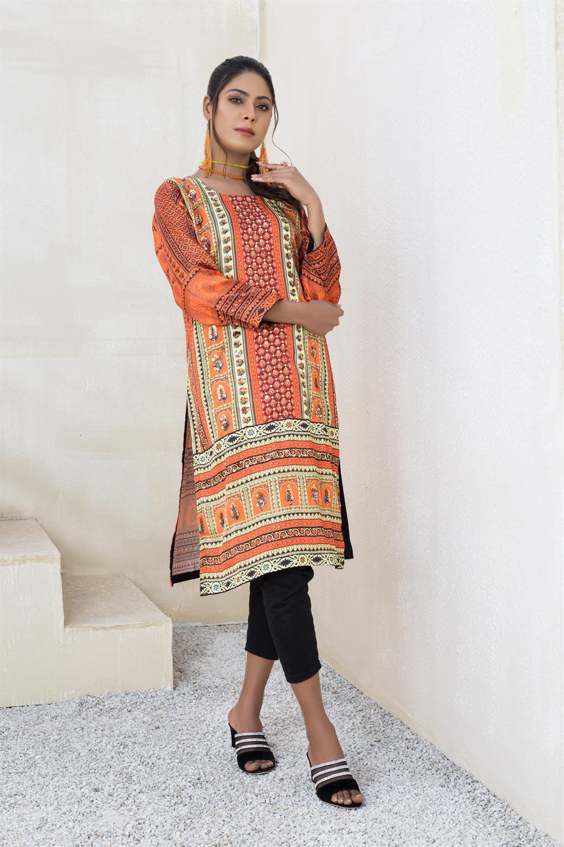 Orange Digital Print Silk Kurta