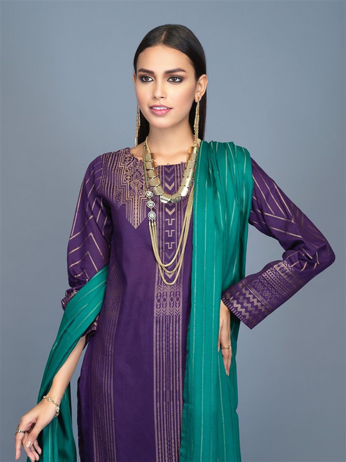 Purple 3 Piece Jacquard Shirt with Dupatta & Trouser