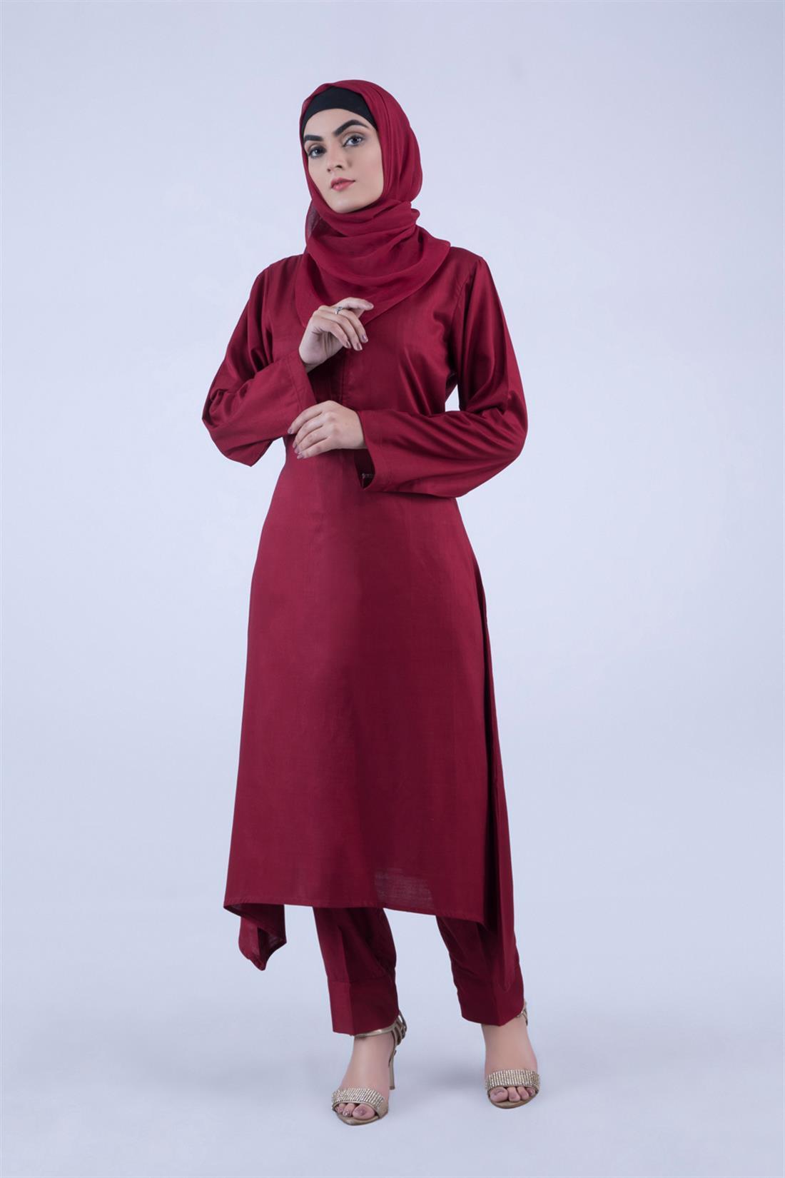 Maroon 3 Piece Kameez with Chiffon Dupatta & Trouser