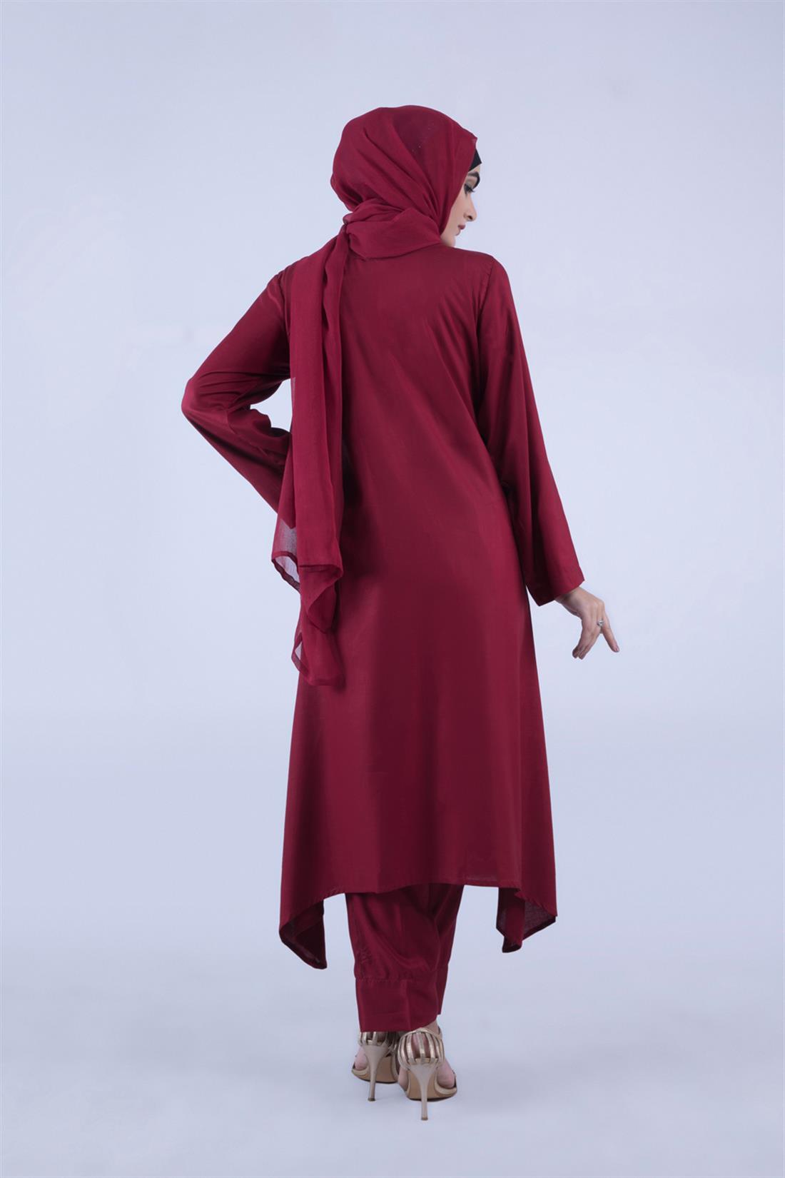 Maroon 3 Piece Kameez with Chiffon Dupatta & Trouser